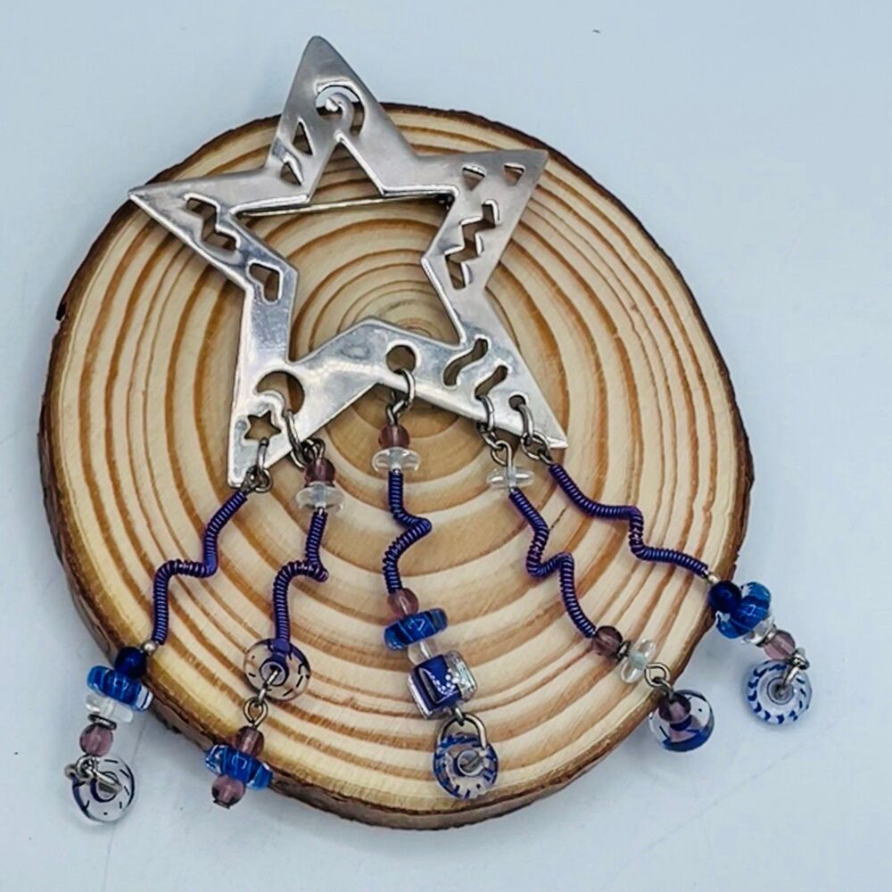 Vintage BOMA Star Shaped 925 Stamped Pin Brooch w/ Beaded Dangling